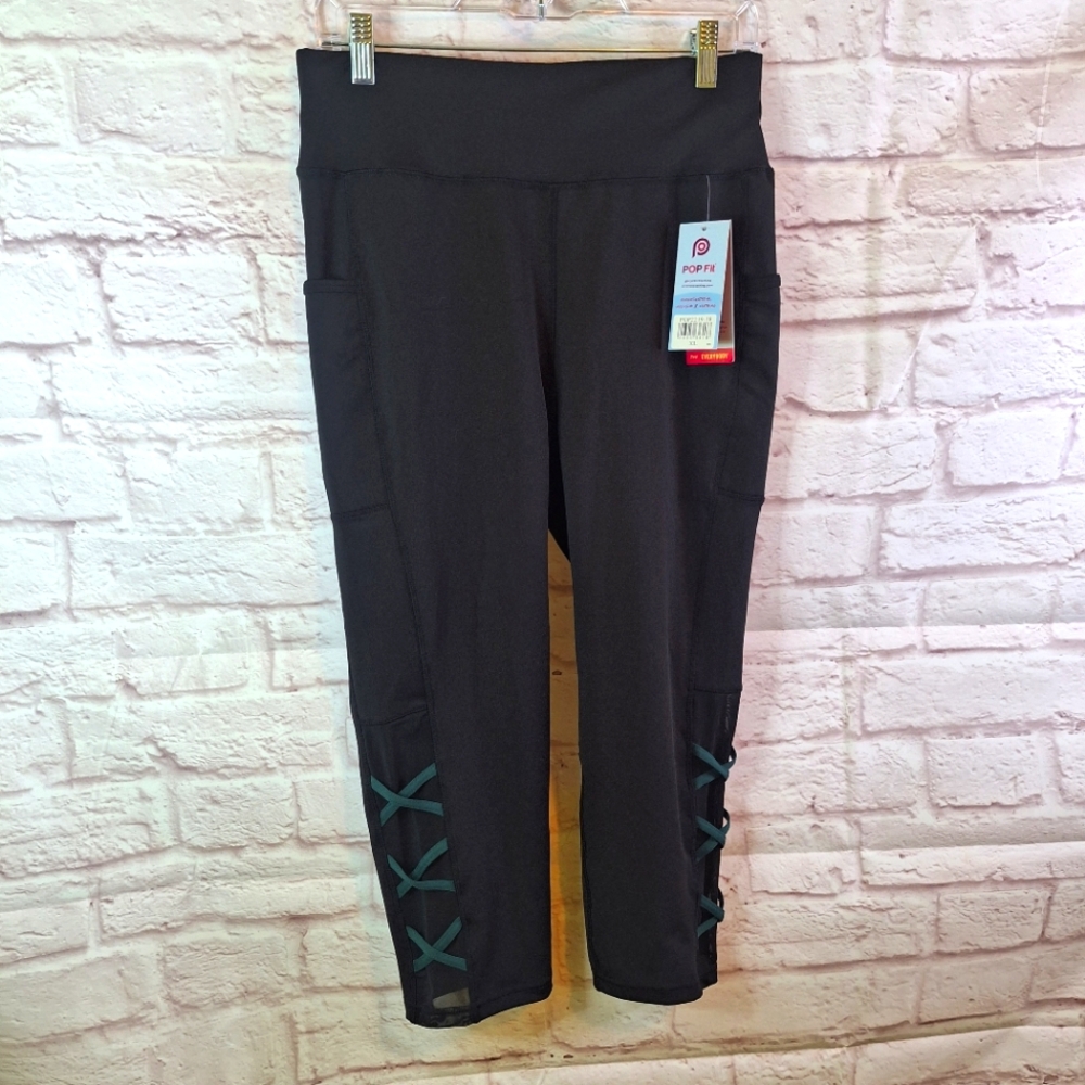 NWT Popfit Leggings XL POCKETS Crop Black With Green Ribbon Accents